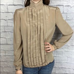 Vintage 80’s- early 90’s Tan Pleated Long Sleeve Matte Satin Blouse